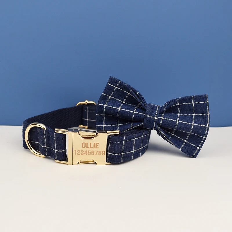 Plaid Dog Collar Designer With Bow Tie Custom Dog Accessories Luxury Pet collar leash set