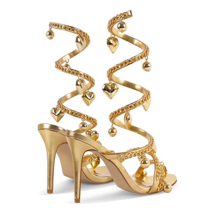 Onlymaker Women Round Toe Gold Metal Chain Pendant Wrap Strap Sandals Heels Slingback Stiletto 10CM Heeled Sandals