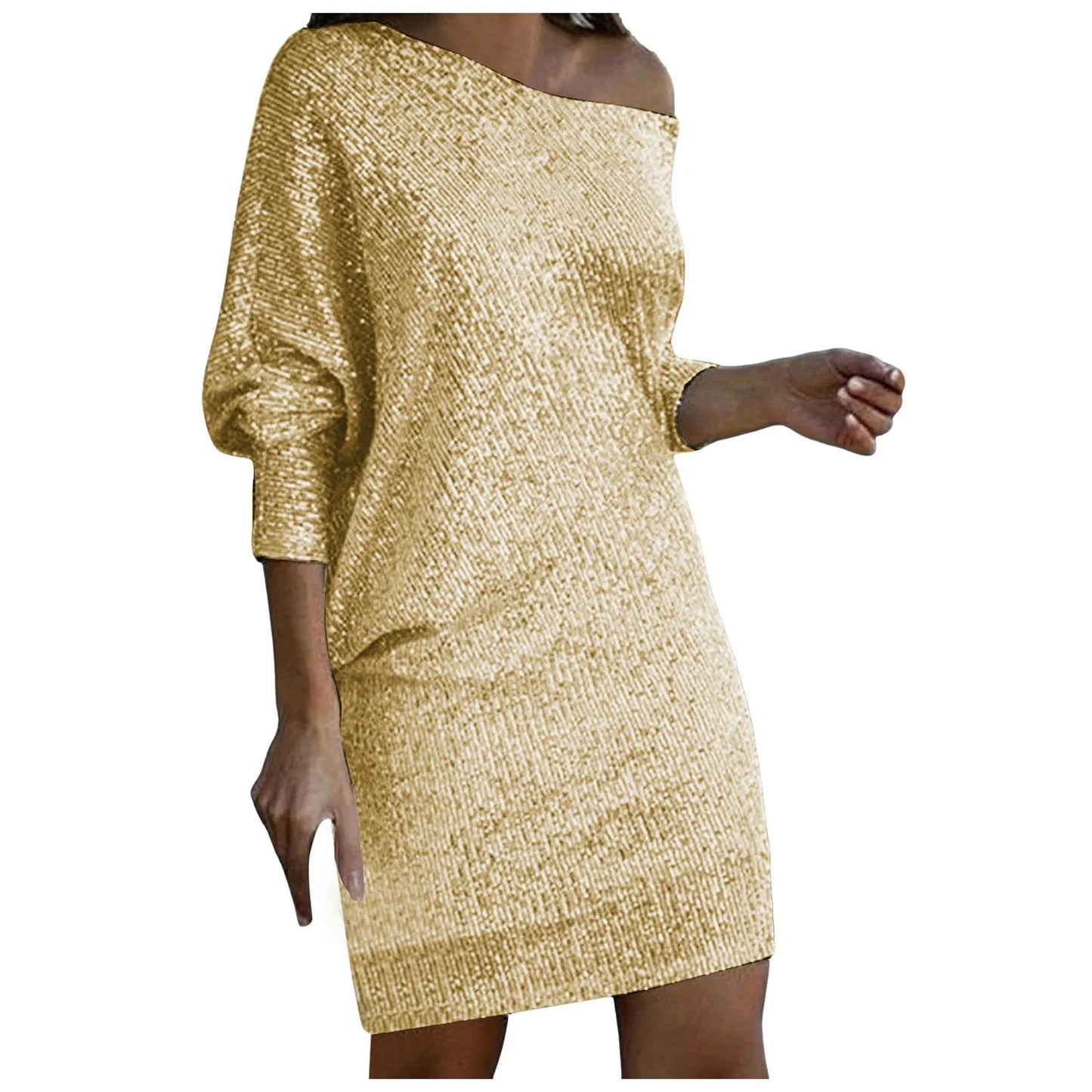 Sequined Party Dresses Women's Sexy One Shoulder Ankle Length Midi Dress Pullover Solid Color Evening Club Party Dress For Women
