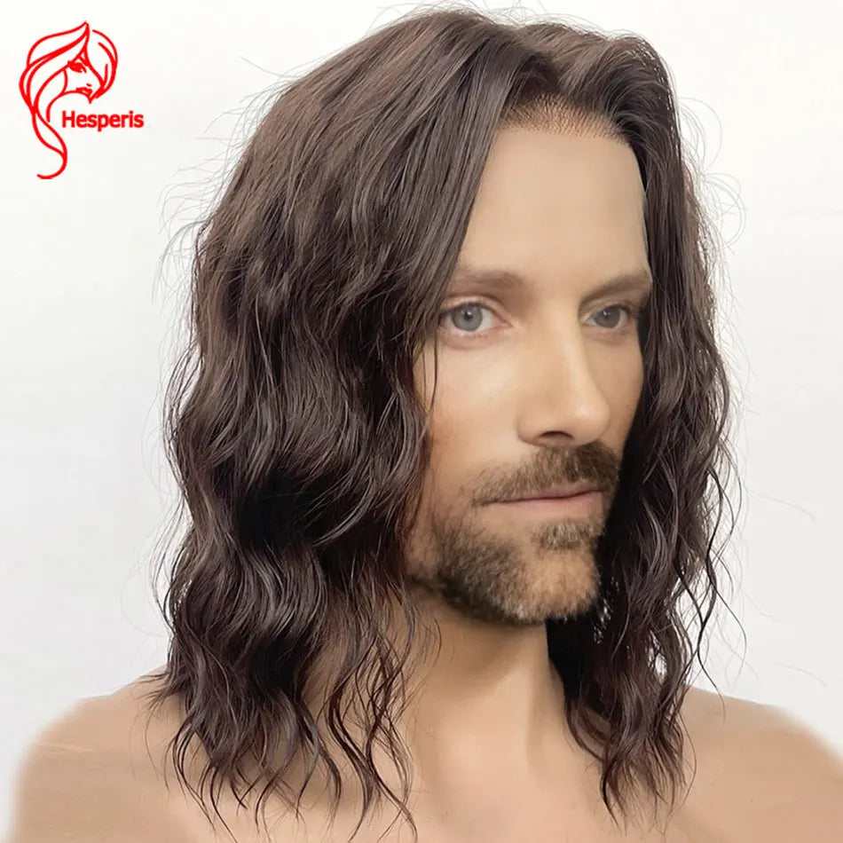 Hesperis Human Man Hair Water Wave Wigs Long Brown Wave Lace Front Wigs For Male Glueless Middle Part Man Brown Lace Wigs