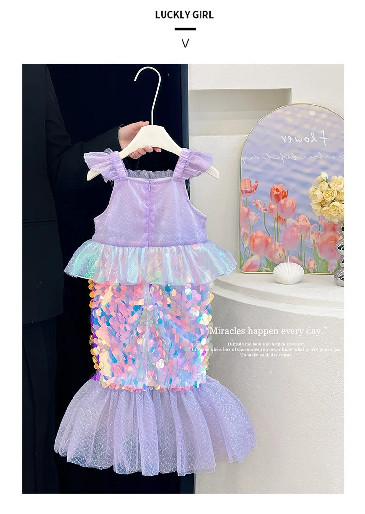 Mermaid Princess Dress Carnival Birthday Party Dress Halloween Mermaid Costume Girl Princess Costume Sequined Fishtail Skirt