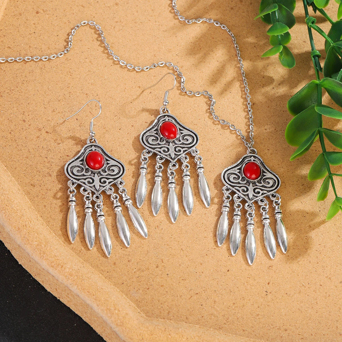2023 Indian Jewelry Set Ethnic Silver Plated Geometric Carved Tassel Earring Necklace Women's Blue Turquoises Chain Jewelry