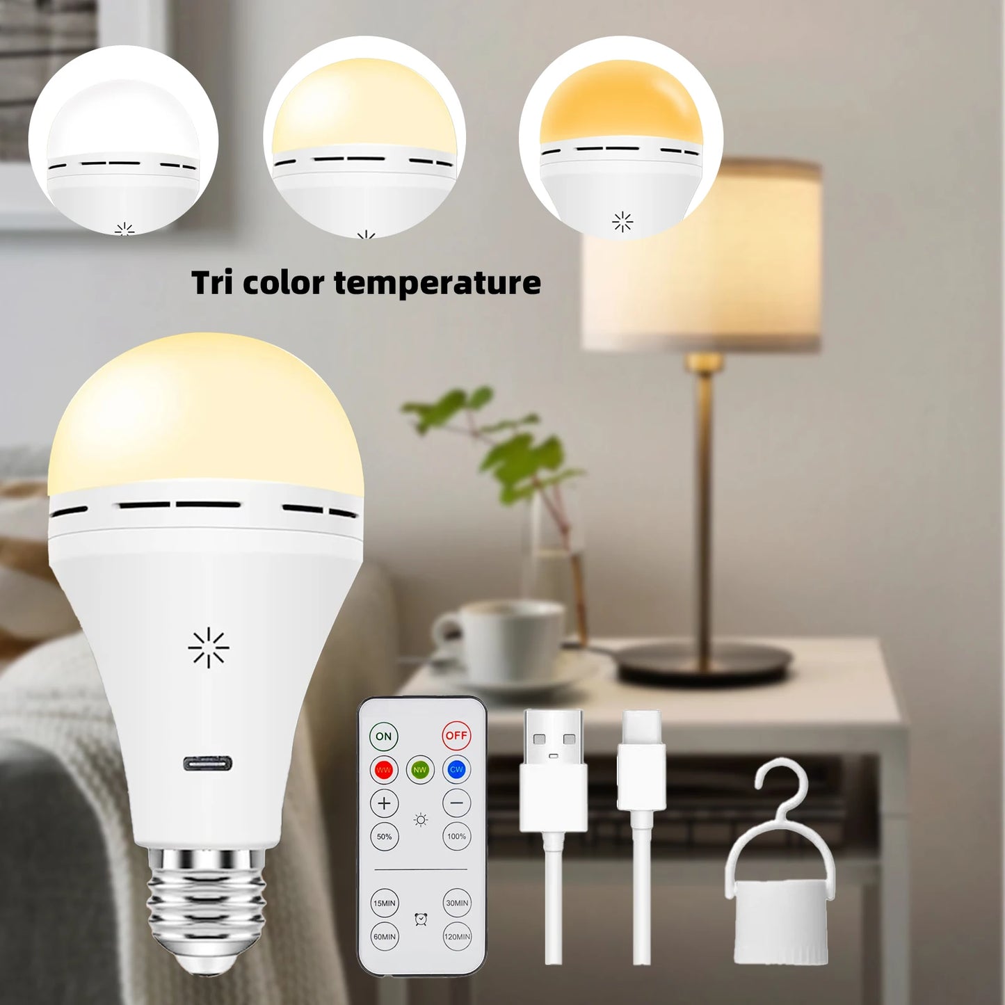USB-C Rechargeable Light Bulb with Remote Control E27 Smart Battery BulbTouch Control Dimmable LED Bulbs with Timing