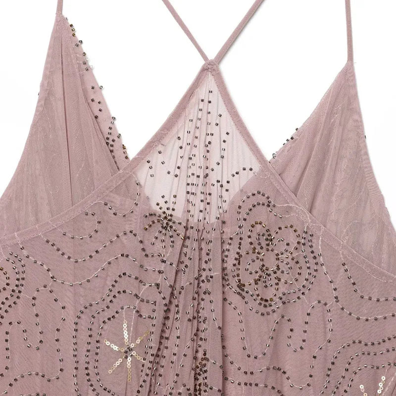 Sequin Rhinestone Woman Summer Dress Short Prom Backless Mini Dresses  V-Neck Halter Tops Mini Dress Pink Pleated Ladies Clothes