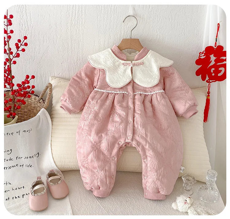 Baby Warm New Year Christmas Rompers 0-2 Year Old Korean Childrens Wear Winter Bodysuit Toddler Girls Sweetheart Outwear