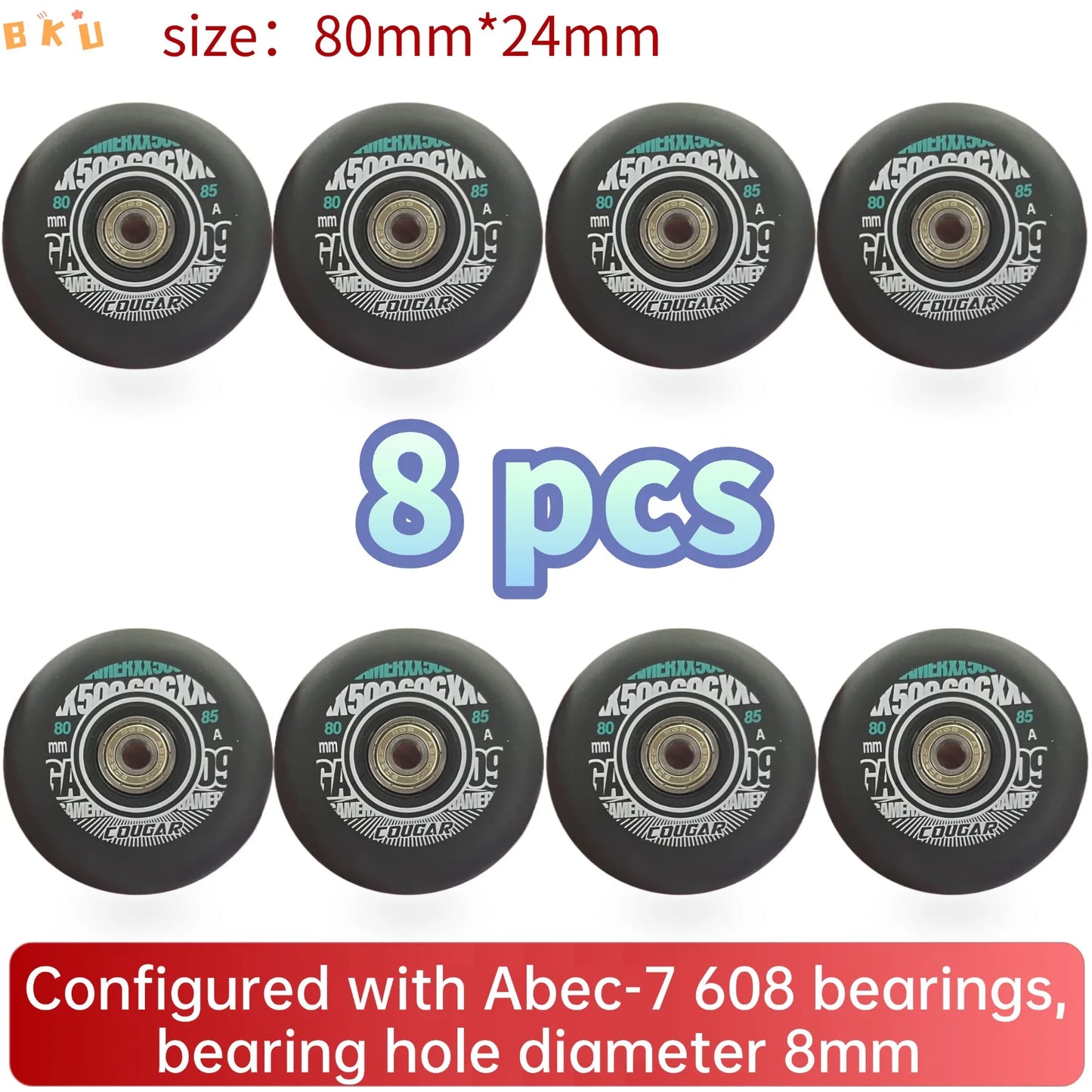 BKU 80mm PU Durable Replacement Wheels (8PCS) - Compatible with Inline Skates Scooters Strollers Suitcases