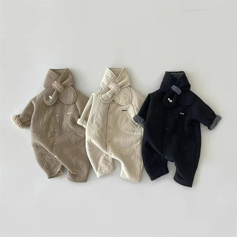 Korean Baby Jumpsuit Scarf Set Autumn Winter Lamb Wool Romper for Boys Girls Toddler Infant Clothes Loose Newborn Onesie 2Pcs