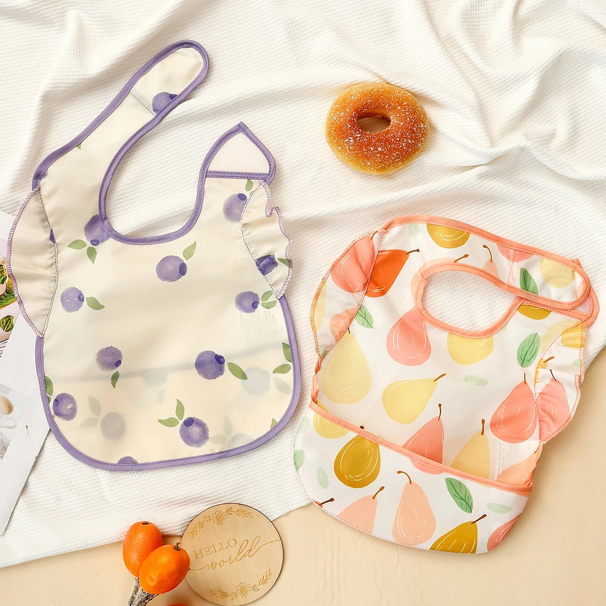 2Pcs/Set 100%Polyester Waterproof Baby Bibs,Lively and Adorable Shoulder Design Sleeveless Smock Feeding Bib Apron