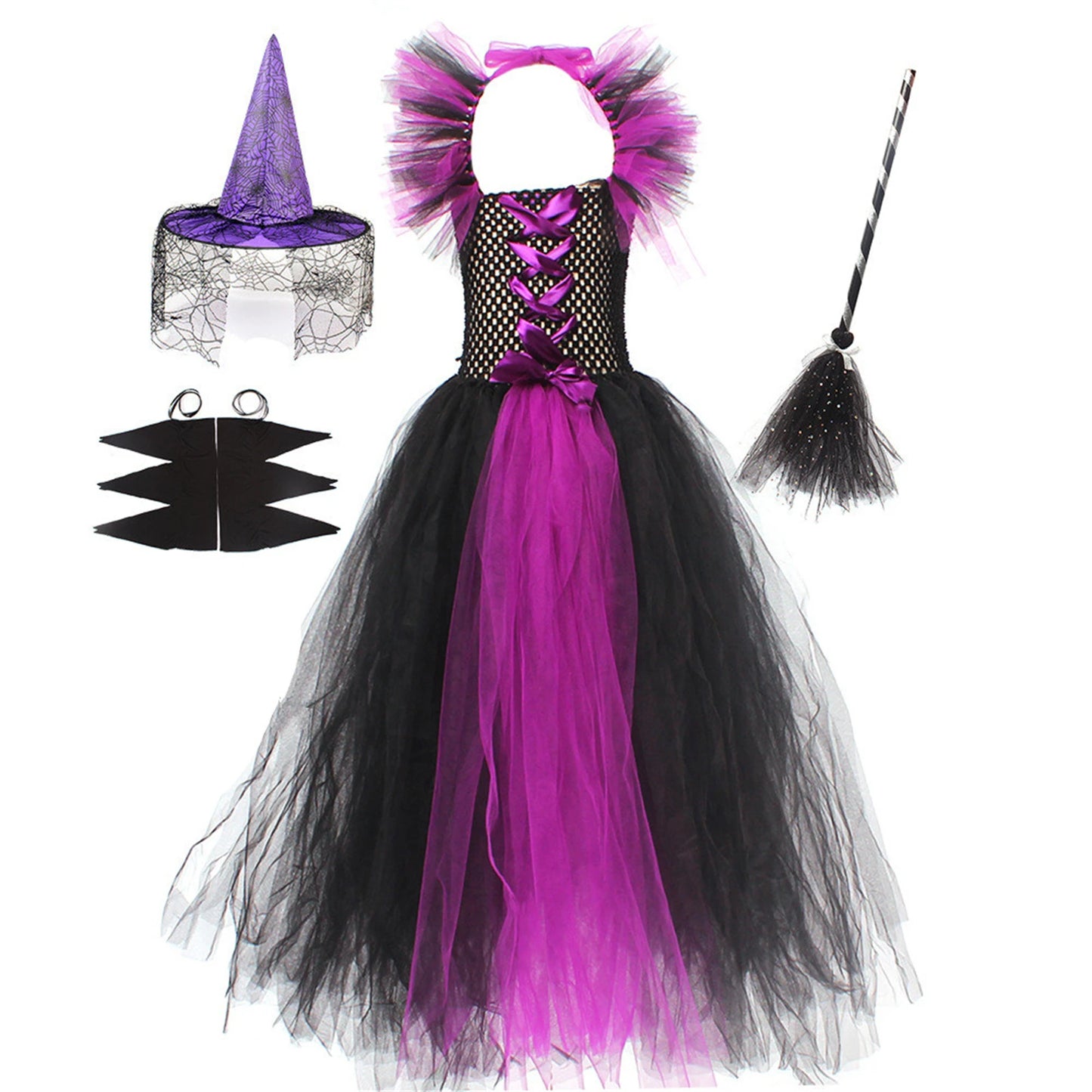 Halloween Witch Costume For Girls Kids Long Veil Dress Princess Dress Birthday Party Dress Stage Performance Dress