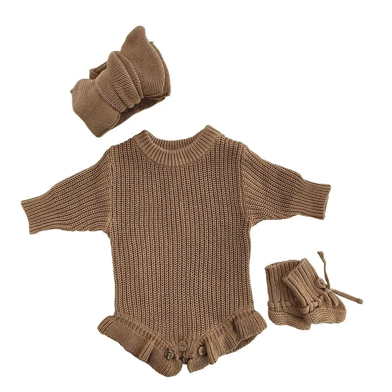 Autumn Baby Knitted Romper Headband Hat Socks Set 3Pcs Solid Color Newborn Outfit Cotton Warm Infant Shower Clothing Gifts