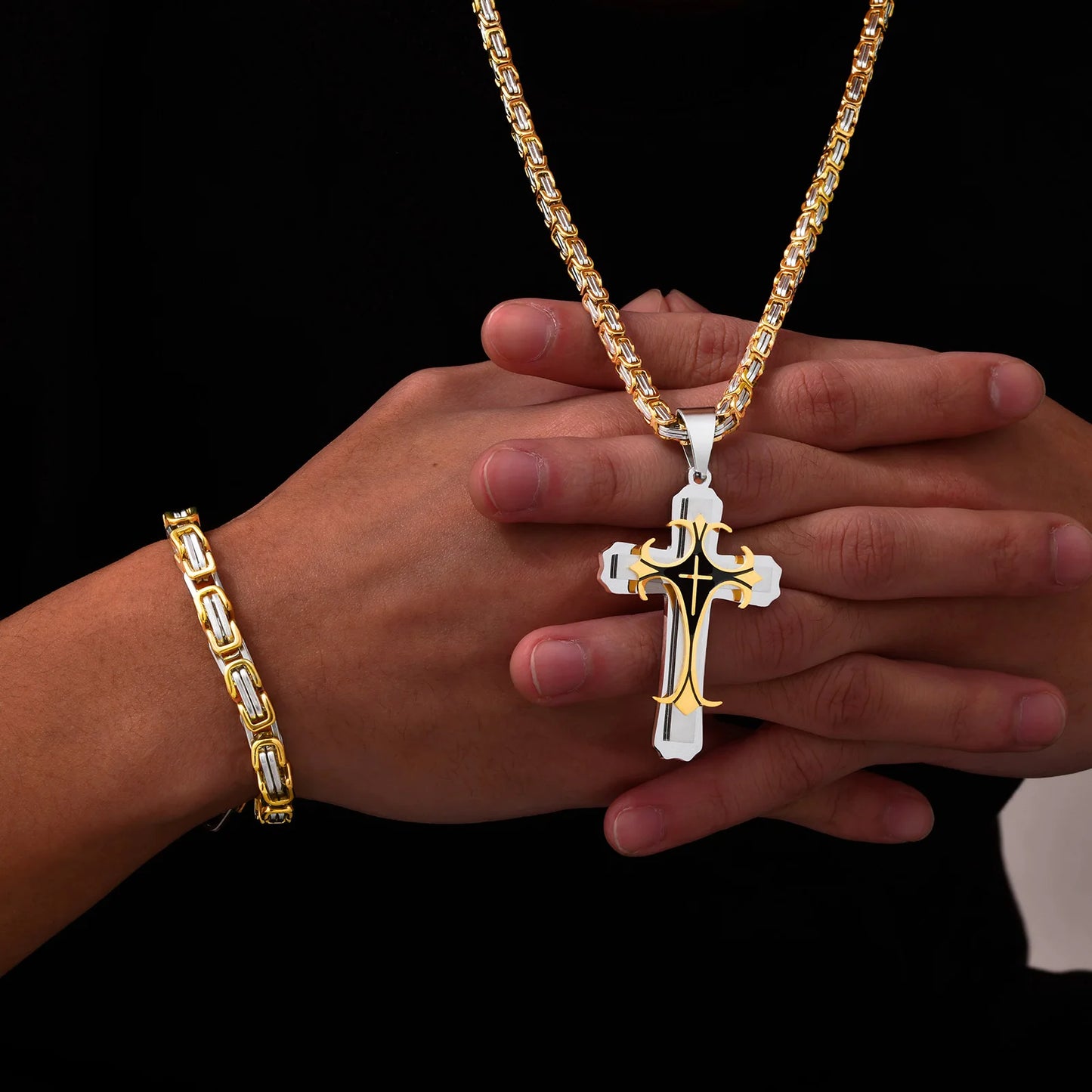 Mens Cross Pendant Necklace Sets,Two Tone Stainless Steel Byzantine Bracelets,Punk Jewelry Sets Gift to Husband Father Dad BBF