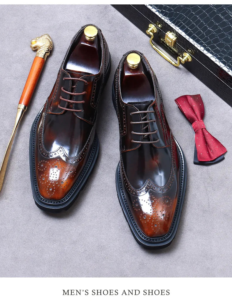 Size 38 To 46 Classic Italian Genuine Leather Men's Dress Shoes Black Lace-up Wingtip Oxfords Business Wedding Brogue Suit Shoes