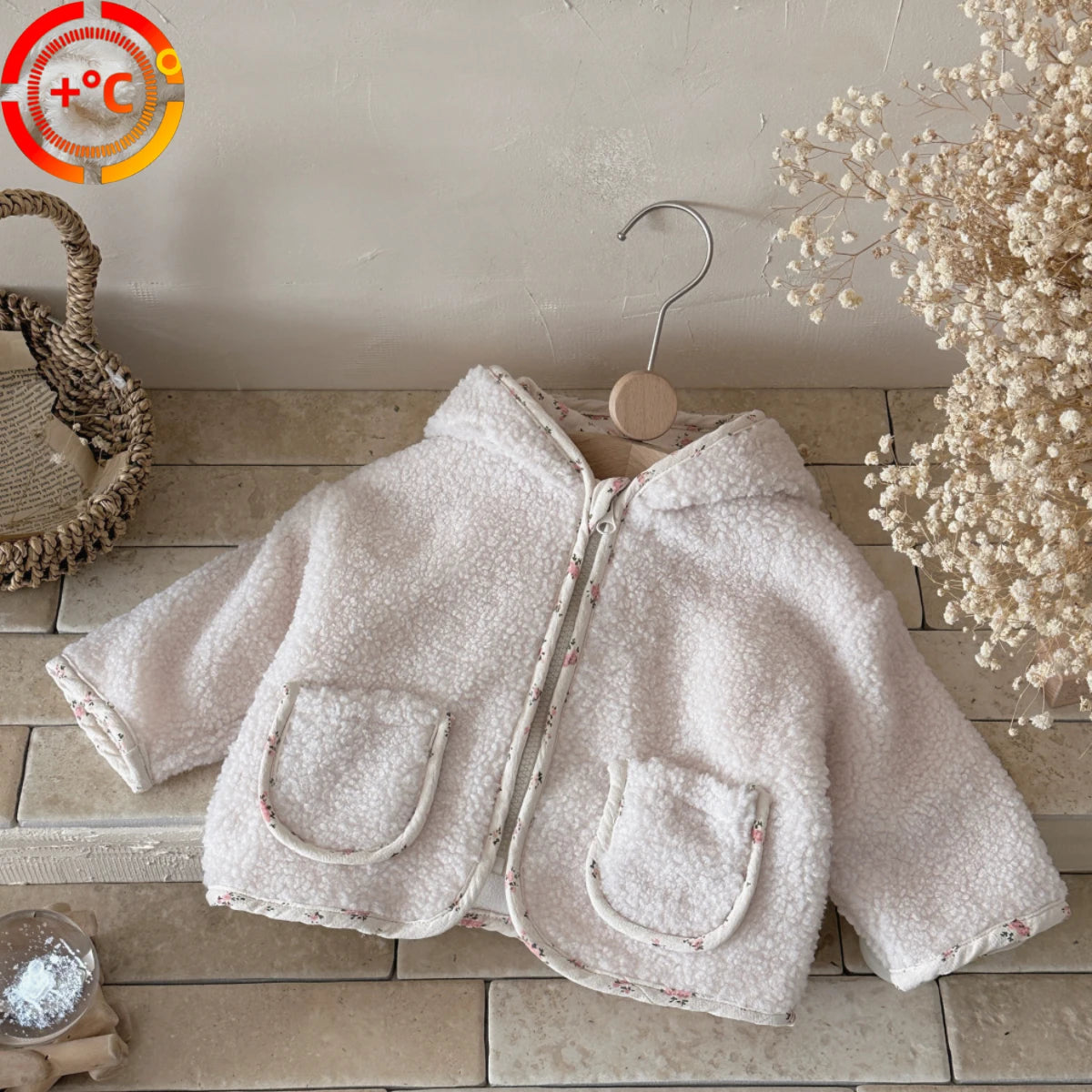 Fashion Baby Girl Winter Clothes Jacket Thick Plush Hooded Infant Toddler Child Warm Floral Printed Coat Baby Outwear 0-3years