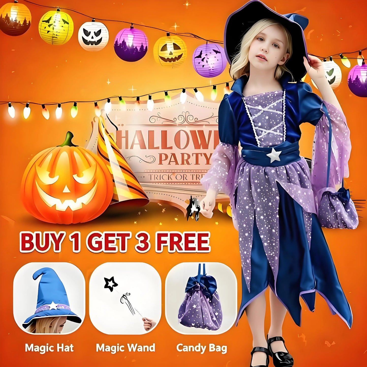 2026 Halloween Blue Witch Costume for Girls with Witch Hat Wand Bag Accessory Set  2-12T Girl Role Play Party Dress Vestidos