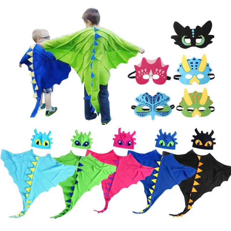 Kids Dragon Cape Costume 3PCS Cloak Hat Mask Set Halloween Carnival Role Play Outfits for Boys Girls School Performance Clothes
