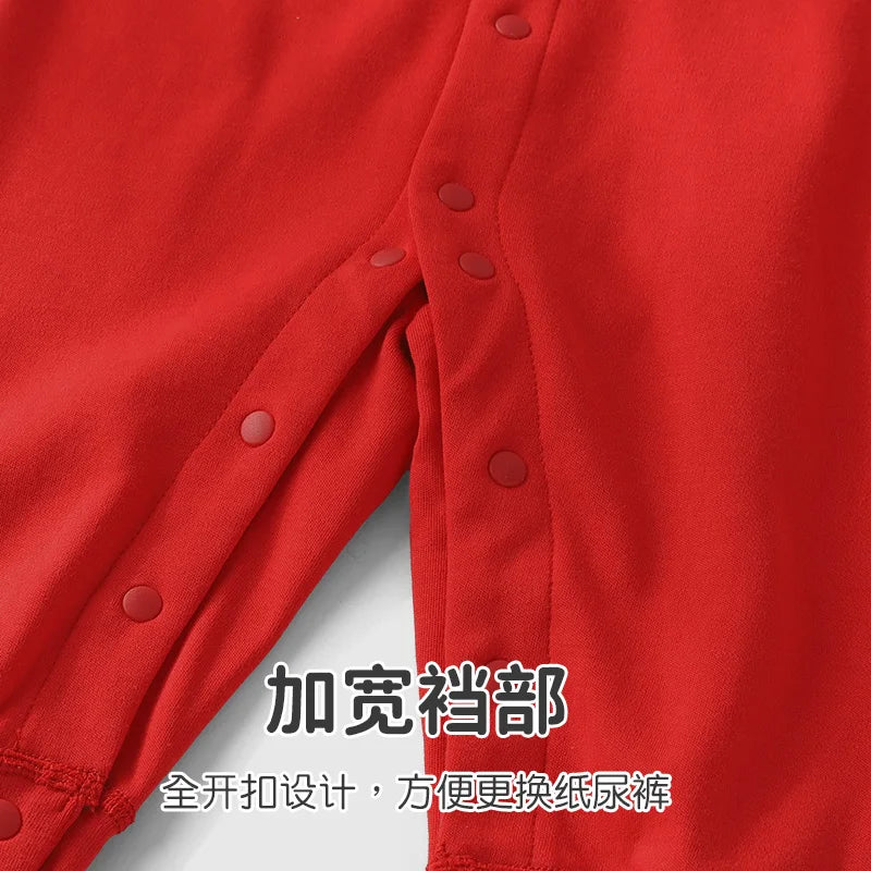 【Youqi】Chinese Baby Romper Autumn Style Full-Month Baby Red New Year Pure Cotton Jumpsuit Festive Hundred-Day Birthday Outfit