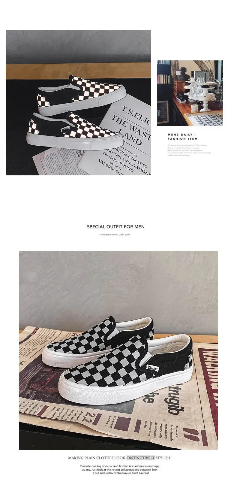 Black White Plaid Canva Women's Shoes Student Vintage Hong Kong Style Versatile Flat Shoes Korean Version Harajuku Casual