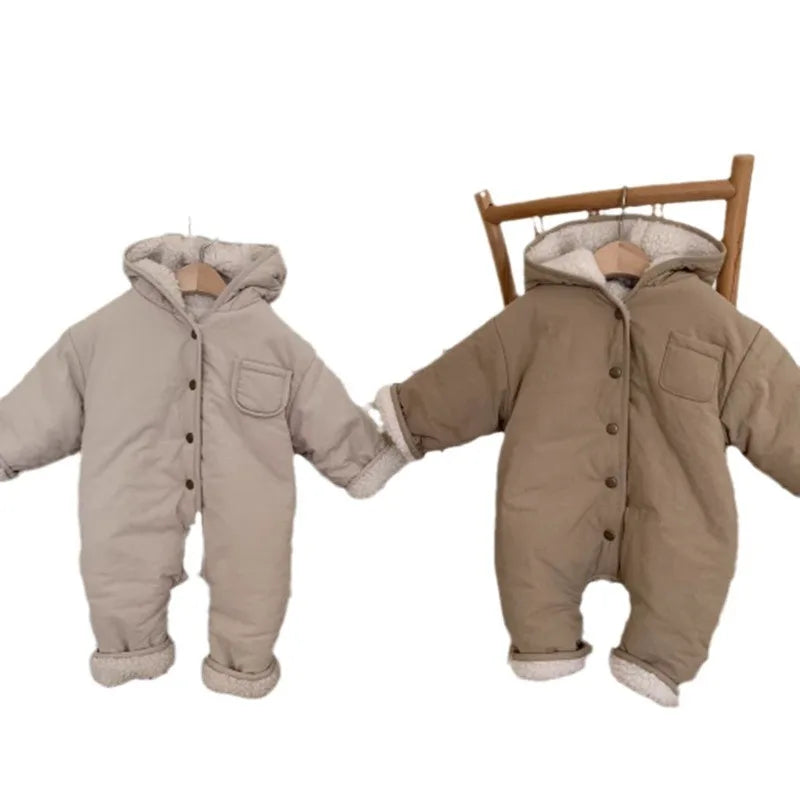 2025 Winter New Baby Fleece Hooded Romper Solid Infant Boy Lamb Cashmere Jumpsuit Plus Velvet Thick Toddler Girl Warm Clothes