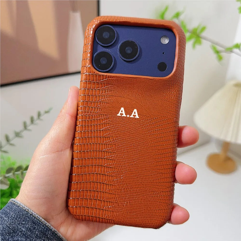 Customized letter Lizard pattern PU leather hard Case for iPhone17 16 15 14 Phone Cover 17 16 13 12 11 Pro Shockproof Back Funda