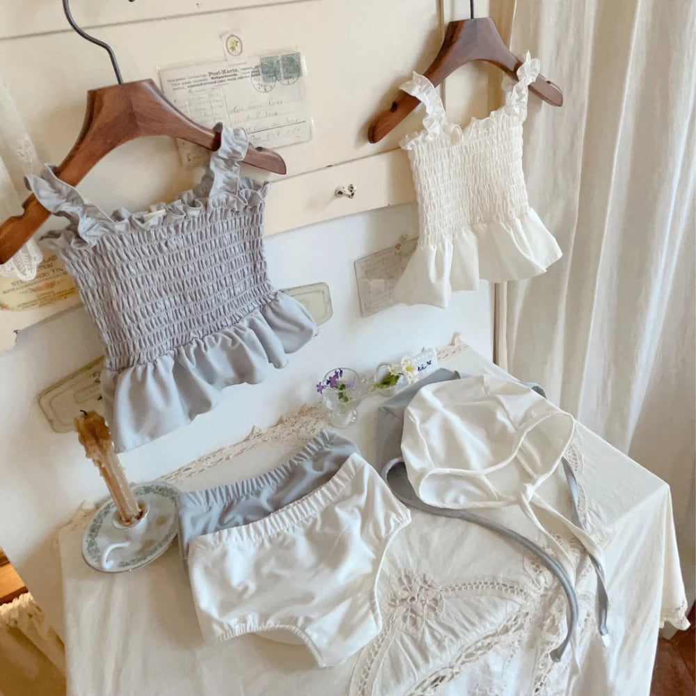 2024 Summer Newborn Infant Suit Kids Swimsuits Baby Girls Solid Color Suspenders Pleated Swim Dress+Shorts+Hat Todder 3Pcs Set