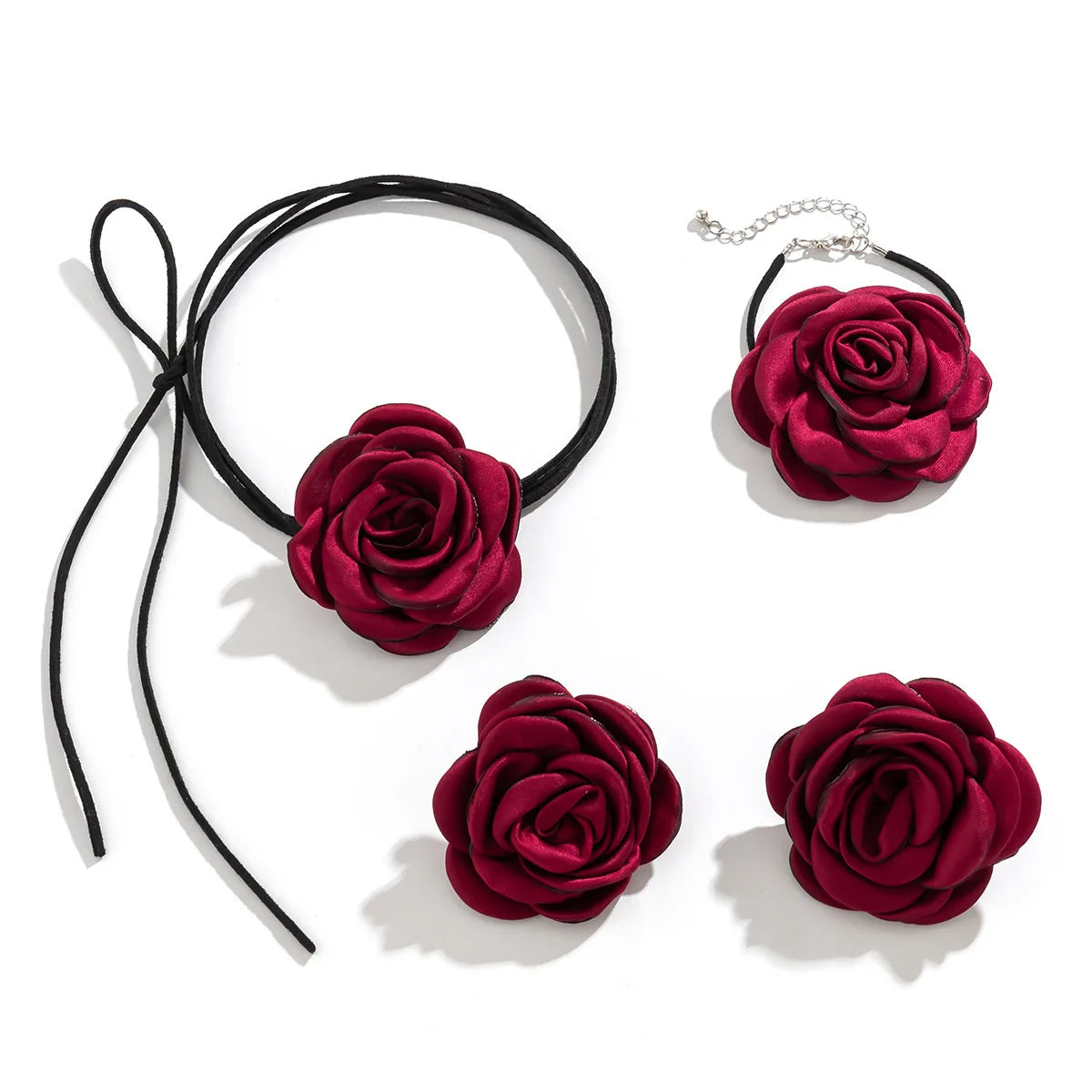 Women Adjustable Rope Choker Clavicle Chain Goth Y2K Romantic Rose Flower Necklace Bracelet Earrings Set
