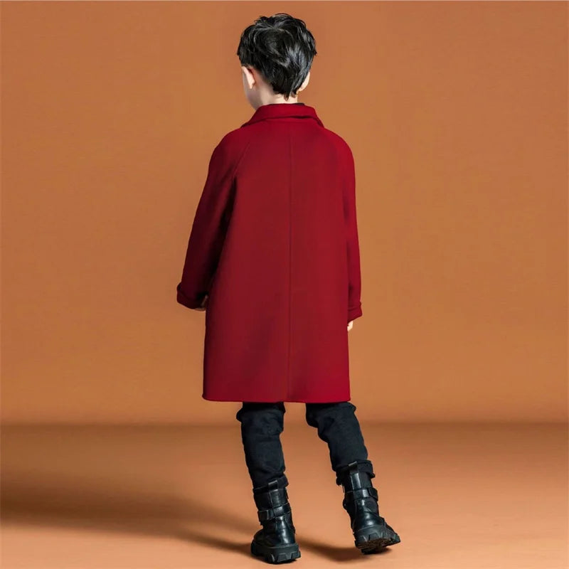 Boys Woolen Coat Overcoat Jacket Windbreak 2024 Red Warm Plus Thicken Autumn Winter Cotton School Children's Clothing