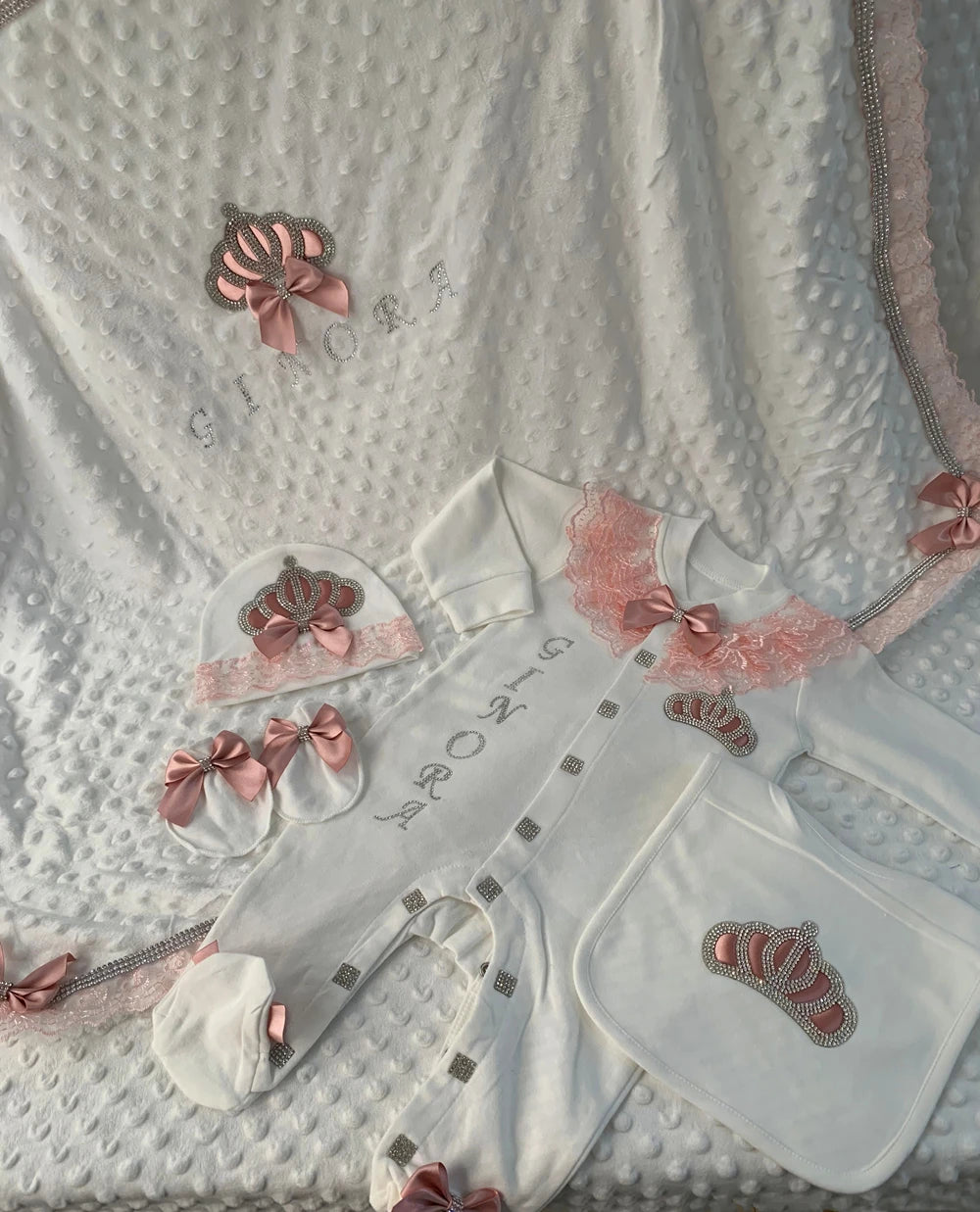 5pcs Newborn Baby Embroidery Lace Romper Outfit Clothing Cotton Infant Wrapped Baby Products Pants Mittens Receiving Blanket