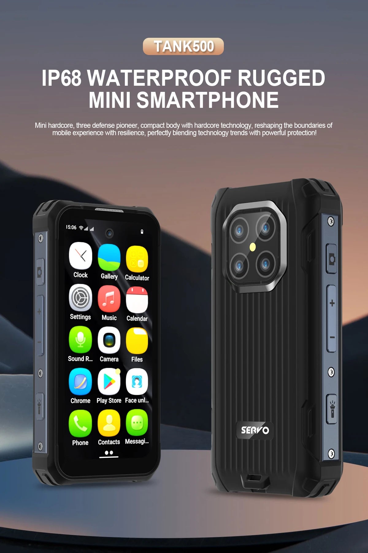 SERVO TANK500 4G PTT Smartphone Android 12 6+128GB Dual Camera 5MP+13MP 3.88"Display IP68 Waterproof Rugged Mobile Phone 3000mAh