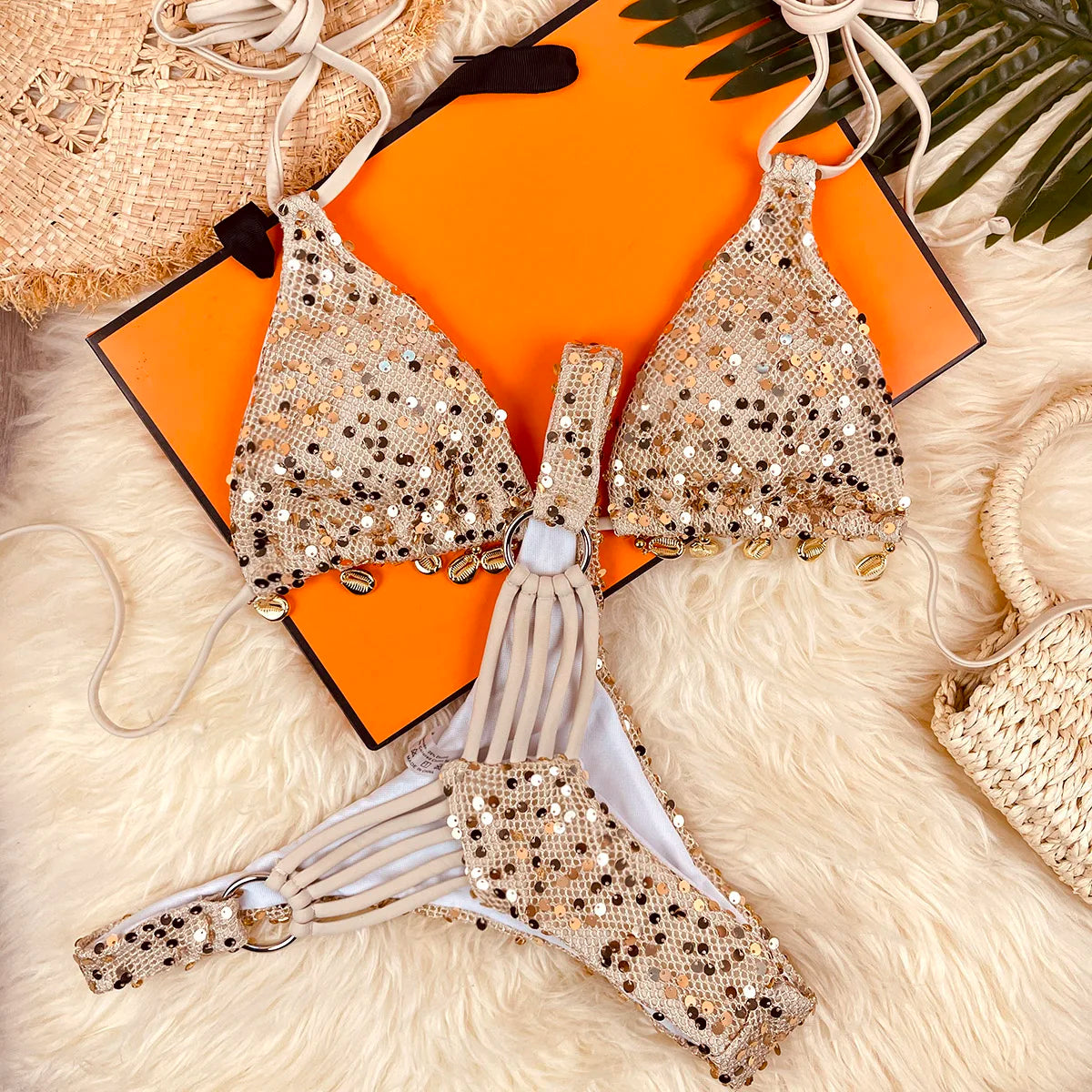 DGTQYQ 2026 New Summer Lady Holiday Beach 2pc Bikini Set Sparkle Shells Bikinis Women Inspired Swimwear Designer Ties Swimsuit