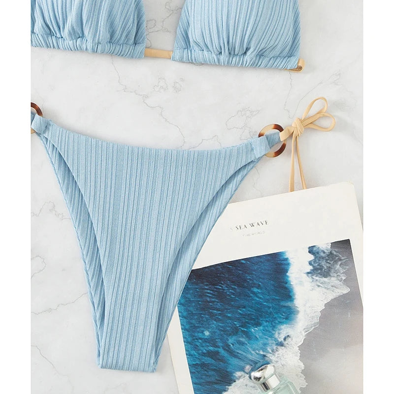 Solid Split Swimsuit Women Two Piece Beachwear Triangle High Cut Thong Bikini Push Up Summer 2026 New Sexy Bandage Bathing Suit