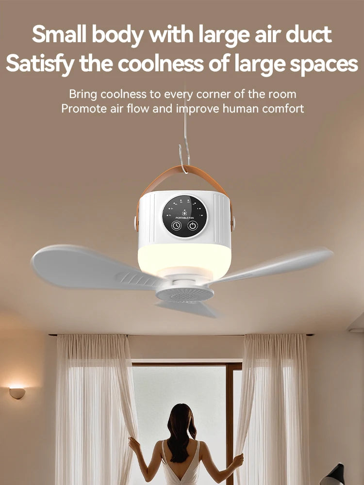 Mini Ceiling Fan, 4 Speeds, LED Screen, 3-Level Night Light, 4 Timers (1-8H), 3600mAh Battery, Remote, Quiet USB Fan for Camping