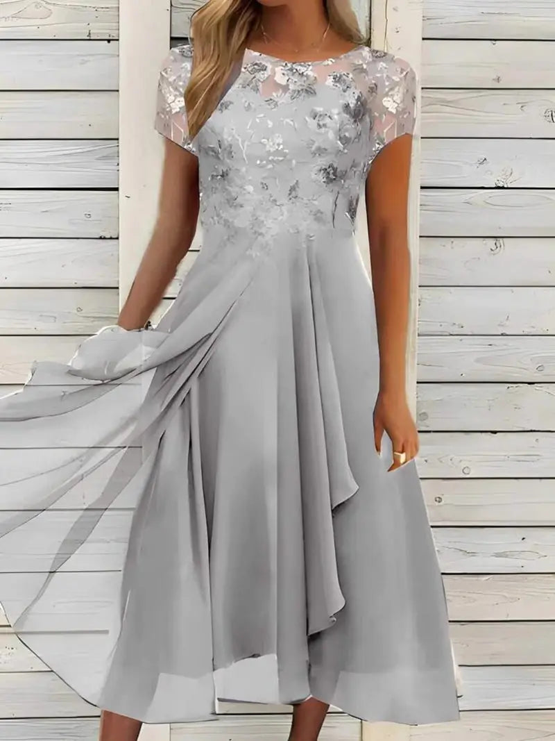 New 2025 Women's Lace Dress for Party Elegant Bride Wedding Dress Plus Size Jewel Neck Knee Length Chiffon Lace Long Party Dress
