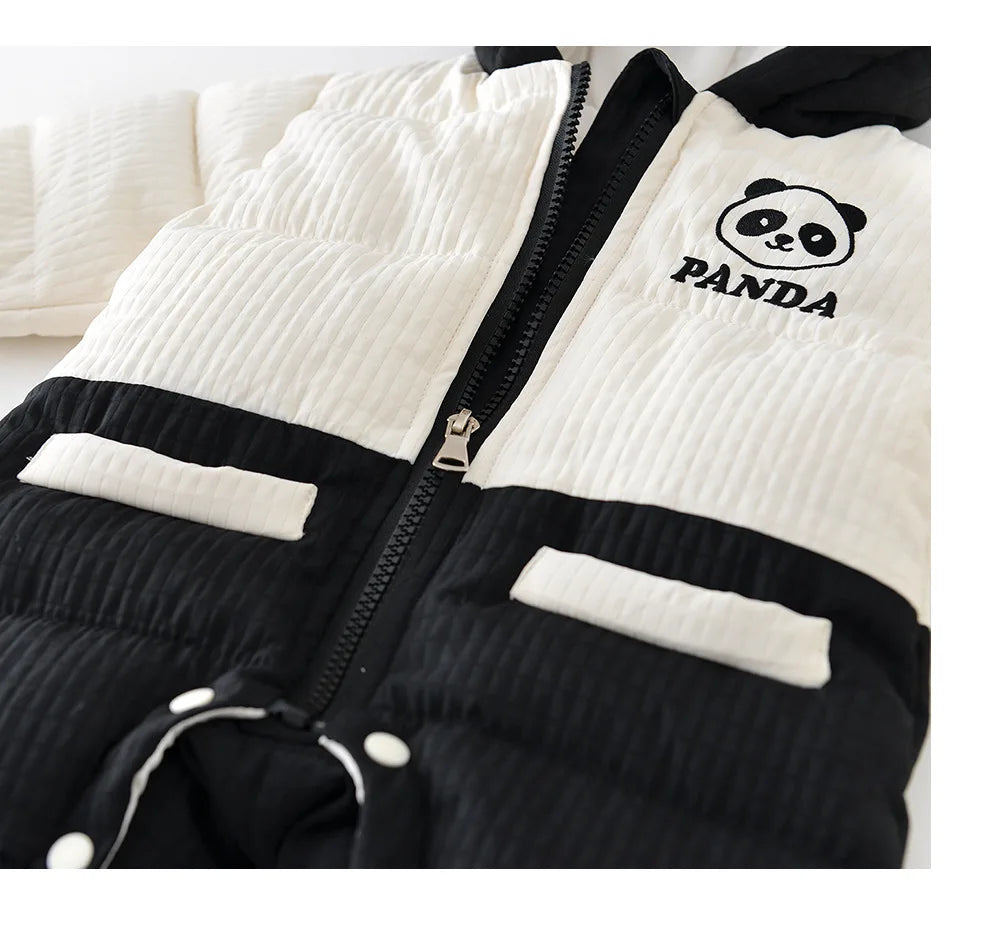 2024 Winter Baby Long Sleeve Warm Hooded Romper Cute Panda Print Newborn Plus Velvet Thick Jumpsuit Infant Girl Boy Warm Clothes