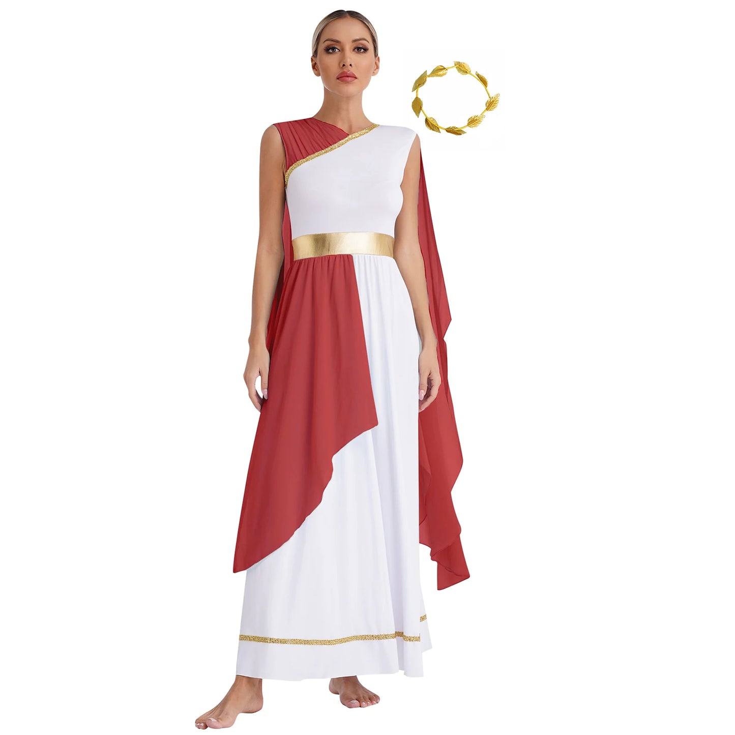 Womens Halloween Greek Beauty Carnival Cosplay Party Costumes Gold Leaves Garland Headwear And Cap Sleeve Ancient Toga Dress