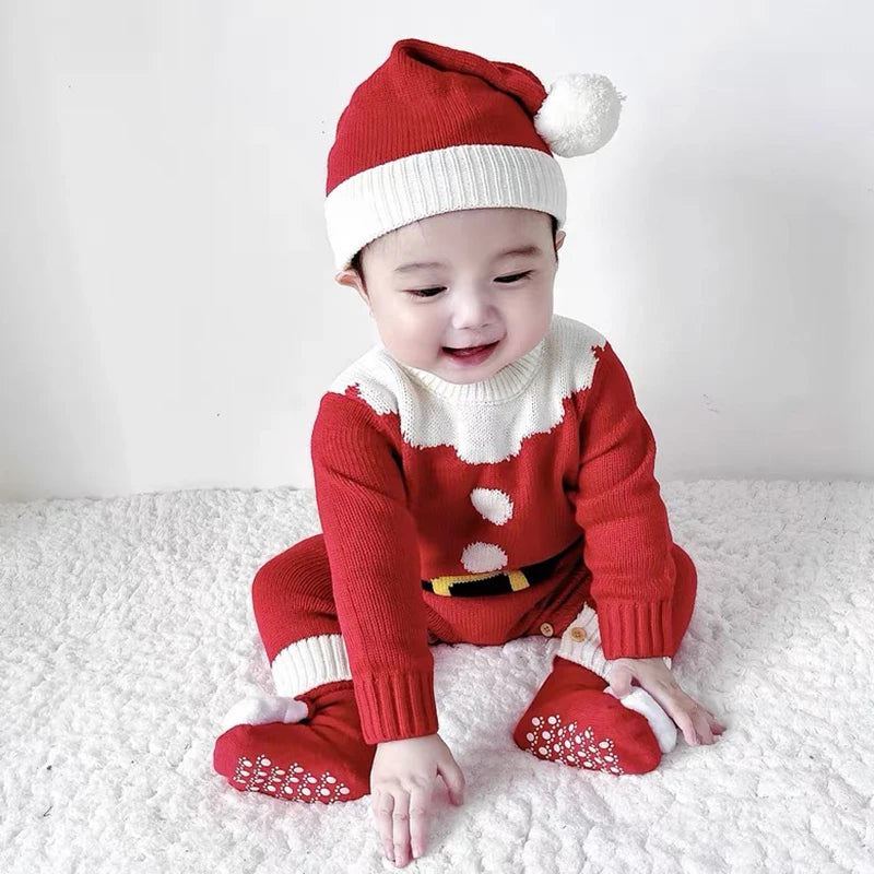 Infant Christmas Outfits Baby Romper Clothes Winter Red Santa Claus Knitted Newborn Infant Boy Girl Christmas Gift Jumpsuits+Hat