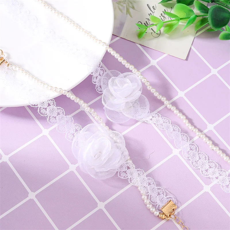 Sexy Pure White Lace Rose Flower Clavicle Chain Necklace for Women Imitation Pearl Choker Bracelet Girls Wedding Jewelry Gift