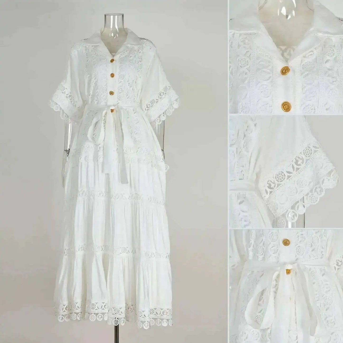 Luxury Long Maxi Dresses Shirt Women 2025 Summer Holiday Lace Embroidery Cotton Loose Big Size Hollow Out Wedding Dress White