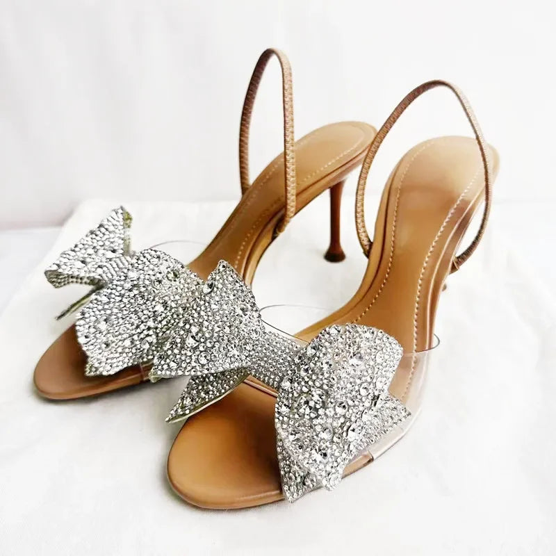 Luxury Glitter Rhinestone Bow Designer Heeled Sandals Women Summer Peep Toe Back Strap High Heels Elegant Party Wedding Shoes