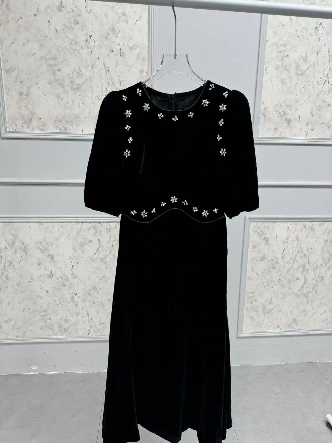 Handmade Nail Beaded Women Velvet Midi Dress Puff Sleeve Slim Waist Female Elegant Evening Dresss Spring Summer