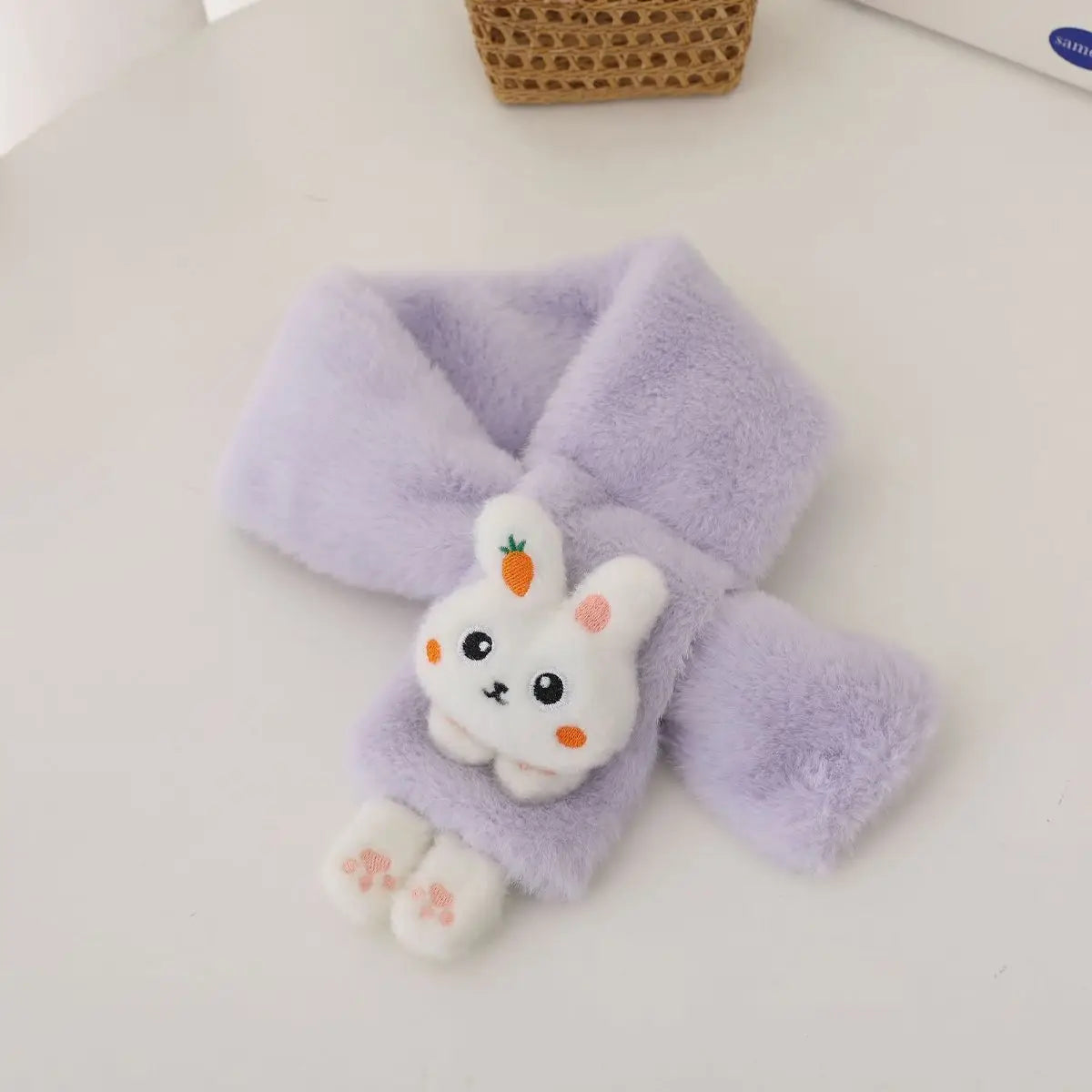 Boys Girls Winter Scarfs Thick Plush Cross Children's Scarf Baby Bib Cute Cartoon Rabbit Faux Fur Neck Protection Warm Shawl