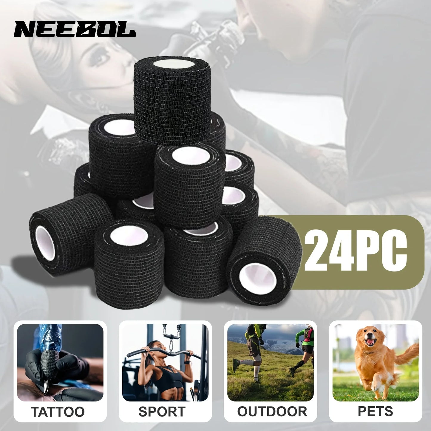 48/24/3PCS Black Tattoo Grip Cover Wraps Self-Adhesive Elastic Bandage Tape Breathable Strong Sports Tape Athletic Bandage Rolls