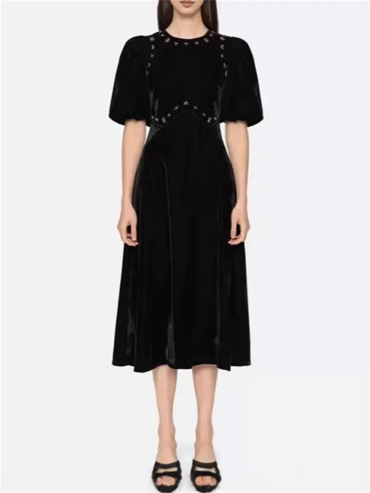 Handmade Nail Beaded Women Velvet Midi Dress Puff Sleeve Slim Waist Female Elegant Evening Dresss Spring Summer