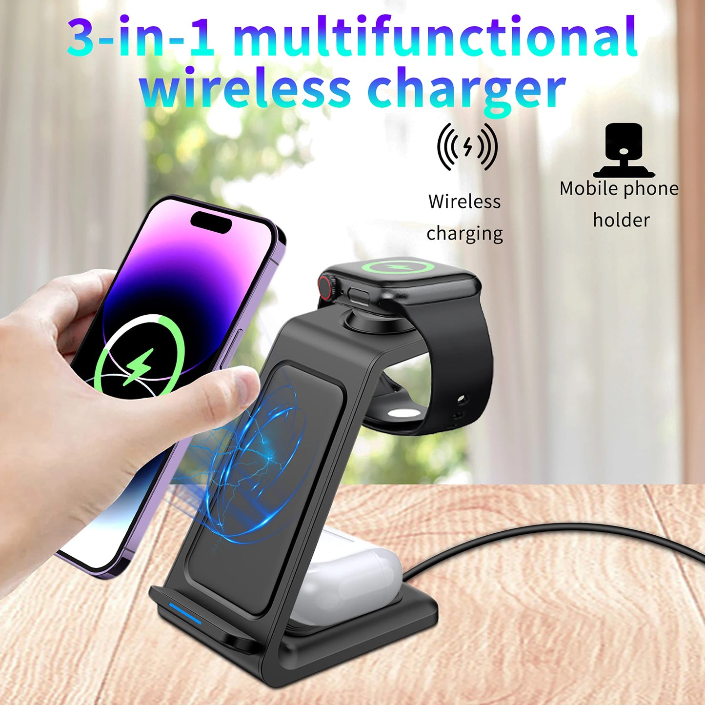 Wireless Charger iPhone Charging Station 3 in 1 Charger Stand Multiple Devices for iPhone 17 16e 16 15 14 Pro Max 13 12