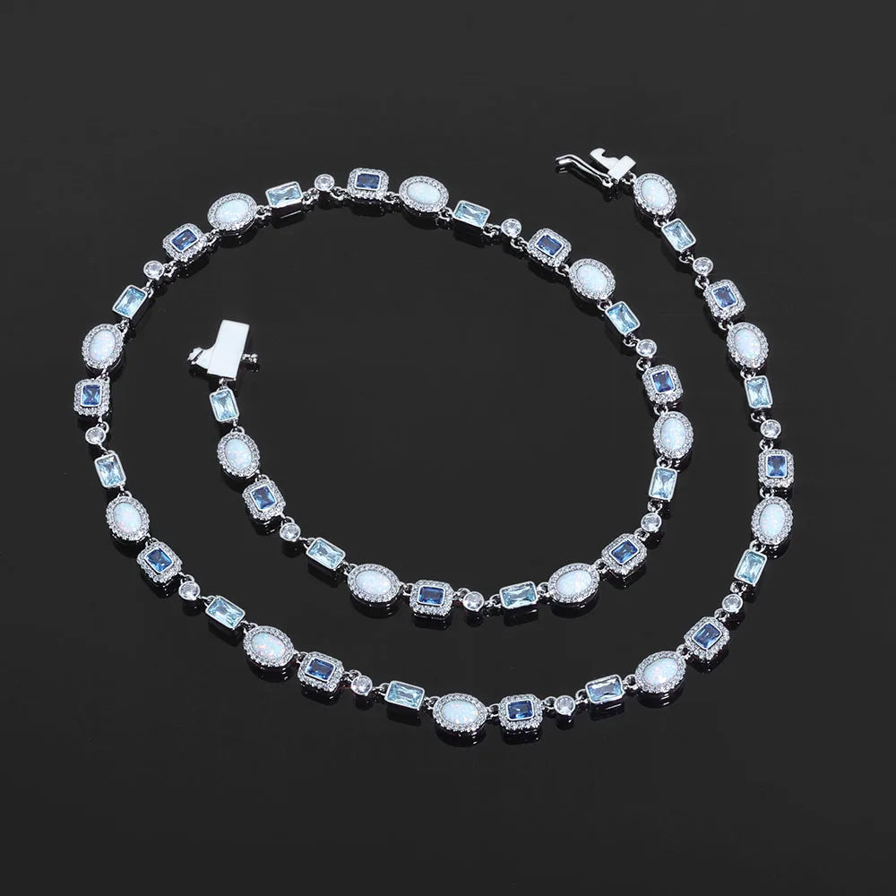 ESKEEM 6mm Geometric Gemstone Motif Iced Out Blue Chain Multicolor CZ Stones White Gold Plated Diamond Necklace Hip Hop Jewelry