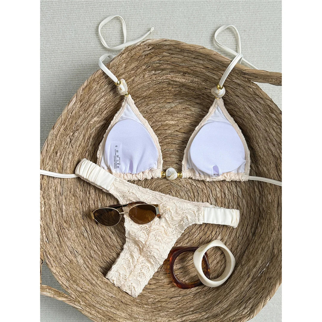 2026 Wrinkled Crinkled Halter Bikini Women Swimwear Female Swimsuit Two-Pieces Bikini Set Padded Bather Bathing Suit Swim V8135