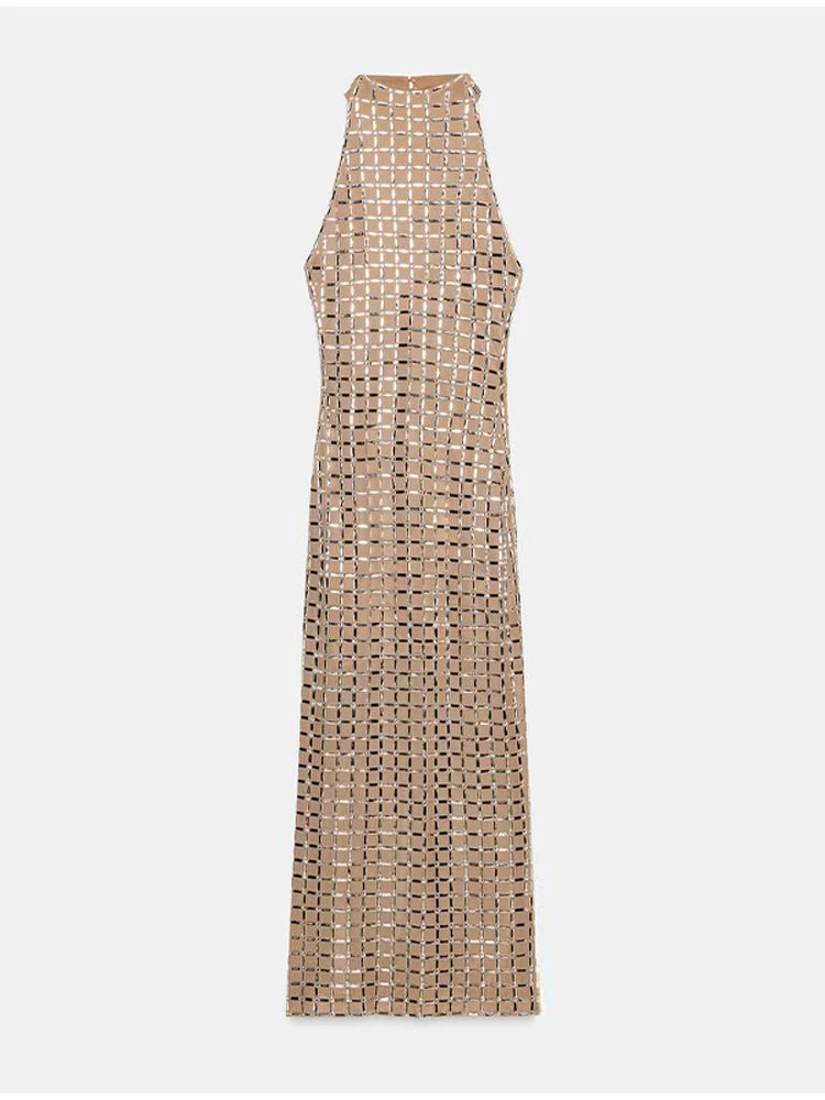 Sexy See Through Shinny Party Maxi Dress For Women O Neck Sleeveless Slim Fit Long Vestidos 2025 New Lady High Street Robes