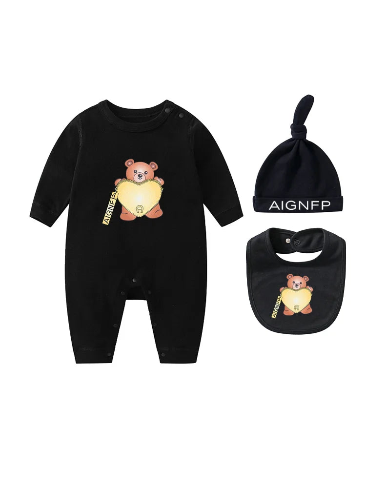 Cute Bear Jumpsuit Newborns Autumn Clothes 2025 Hot Sale New Soft Bib scarf Hat Toddler Romper Sets Baby Long sleeves Bodysuits