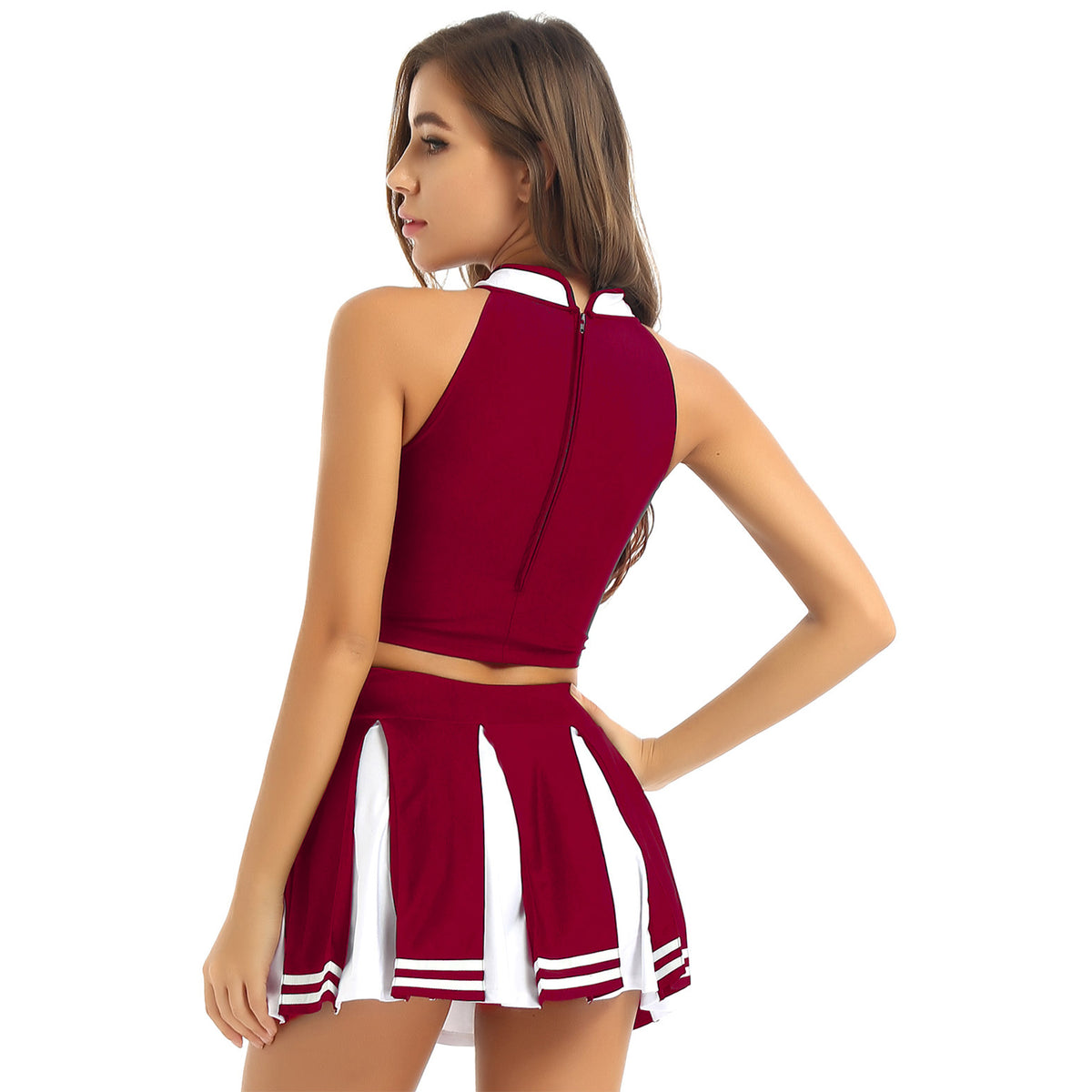 Women's Cheerleader Cosplay Costume Uniform Outfit Stand Collar Crop Top with Mini Pleated Skirts Carnival Cheerleading Suit