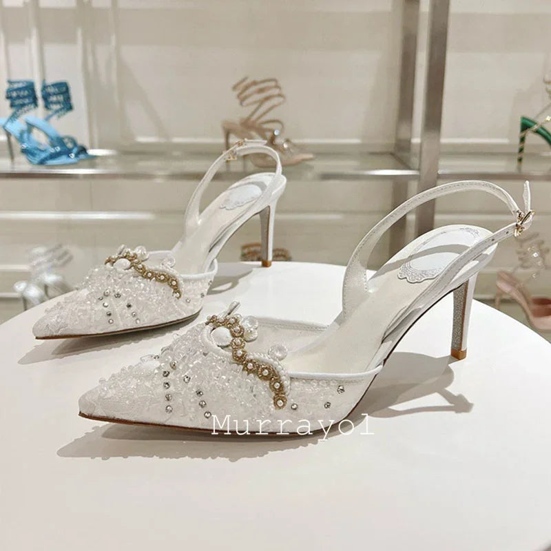 Pointed Toe Lace Gauze Thin High Heels Sandals Women Shine Rhinestone Decor Sandalias Summer Party Dress Wedding Shoes Pumps