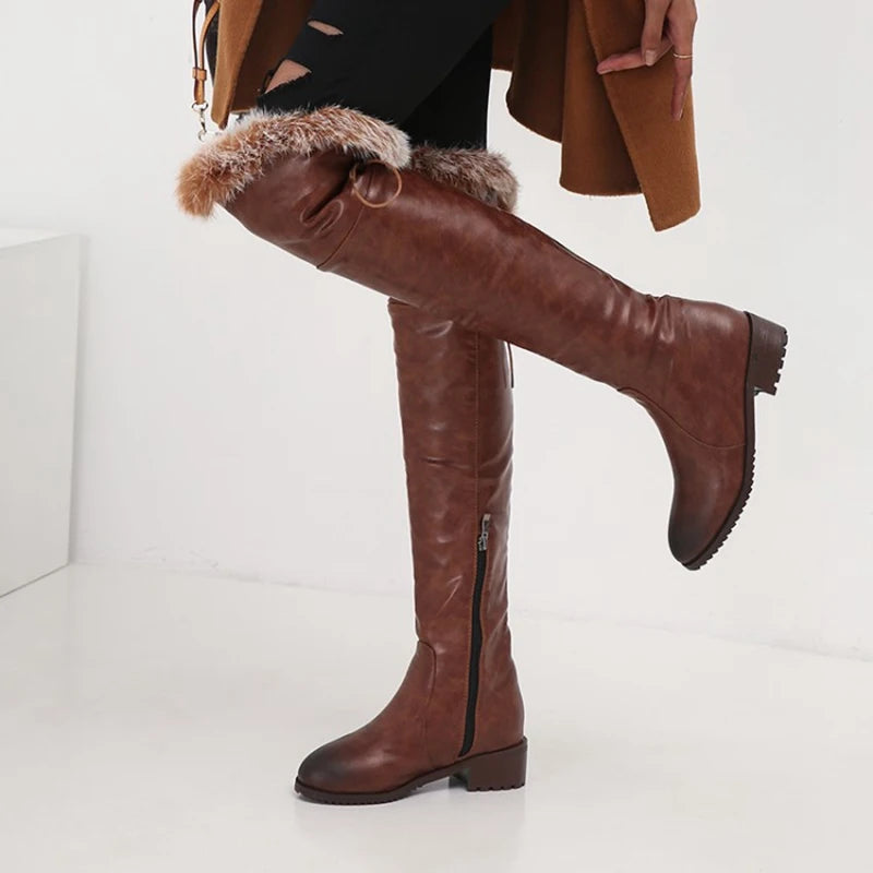 SIMLOVEYO Snow Boots fur Women Leather Boots Med Block Heels Over The Knee Boots Lady Shoes Bota Feminina Size 44 46